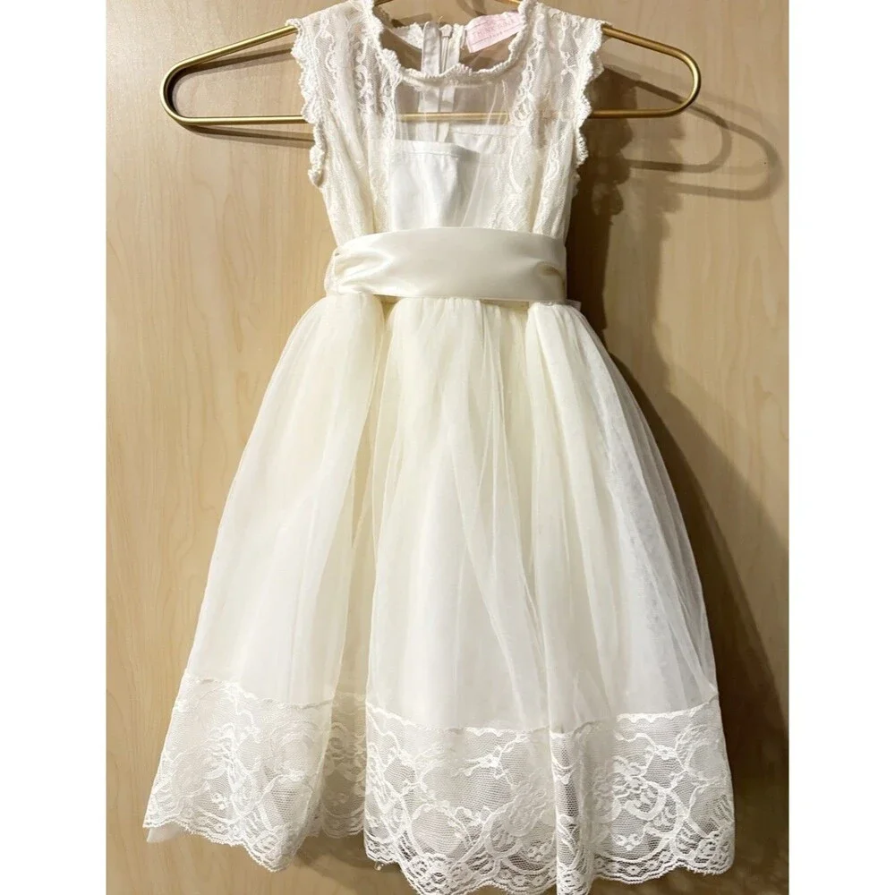 Girls Ivory Lace Tulle Dress Satin Bow Special Occasion Size 4-5
